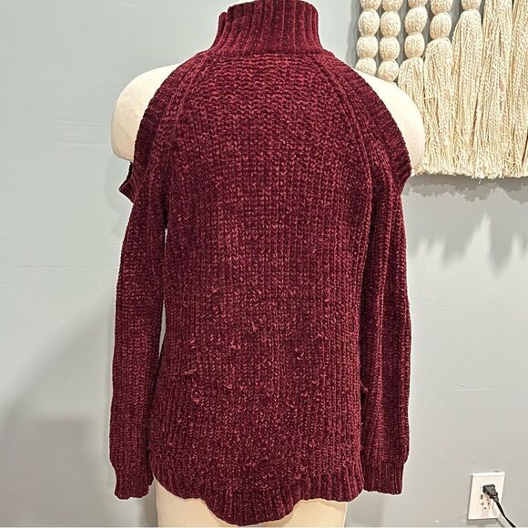 Design Lab Lord & Taylor Burgundy Chunky Knit Cold Shoulder Sweater Size XS - Picture 4 of 7